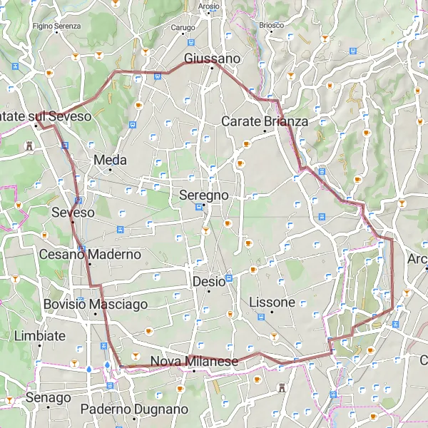 Zemljevid v pomanjšavi "Gravelna pot skozi Mariano Comense in Cesano Maderno" kolesarske inspiracije v Lombardia, Italy. Generirano z načrtovalcem kolesarskih poti Tarmacs.app