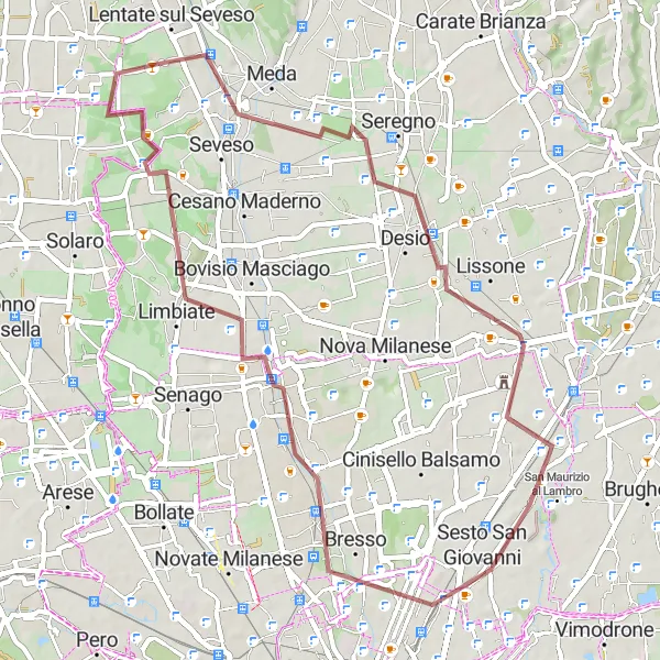 Mapa miniatúra "Gravelová cyklistická trasa cez Barlassina a Muggiò" cyklistická inšpirácia v Lombardia, Italy. Vygenerované cyklistickým plánovačom trás Tarmacs.app