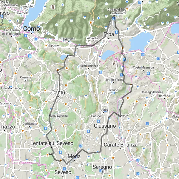 Miniatura della mappa di ispirazione al ciclismo "Cicloturismo tra Lentate sul Seveso e Meda" nella regione di Lombardia, Italy. Generata da Tarmacs.app, pianificatore di rotte ciclistiche