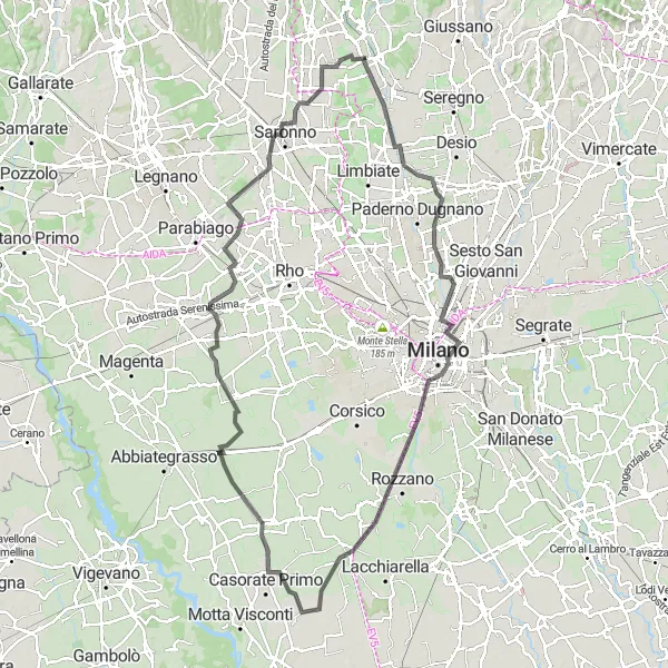 Kartminiatyr av "Lentate sul Seveso - Cesano Maderno - Milan - Binasco - Cascina Nuova" cykelinspiration i Lombardia, Italy. Genererad av Tarmacs.app cykelruttplanerare