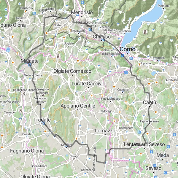 Miniatura della mappa di ispirazione al ciclismo "Cicloturismo tra Malnate e Lentate sul Seveso" nella regione di Lombardia, Italy. Generata da Tarmacs.app, pianificatore di rotte ciclistiche