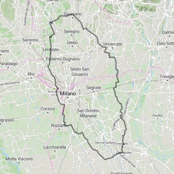 Zemljevid v pomanjšavi "Cestna tura skozi Triuggio in Lodi Vecchio" kolesarske inspiracije v Lombardia, Italy. Generirano z načrtovalcem kolesarskih poti Tarmacs.app