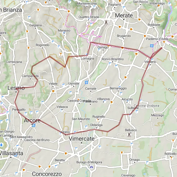 Zemljevid v pomanjšavi "Kolesarska pot Lesmo - Osnago - Vimercate - Peregallo" kolesarske inspiracije v Lombardia, Italy. Generirano z načrtovalcem kolesarskih poti Tarmacs.app