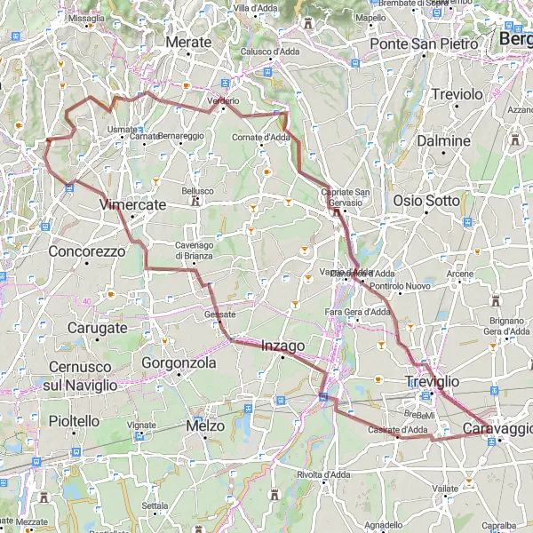 Mapa miniatúra "86 km Lesmo Gravel Cycling Route" cyklistická inšpirácia v Lombardia, Italy. Vygenerované cyklistickým plánovačom trás Tarmacs.app