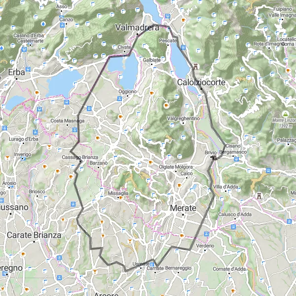 Mapa miniatúra "66 km Lesmo Road Cycling Route" cyklistická inšpirácia v Lombardia, Italy. Vygenerované cyklistickým plánovačom trás Tarmacs.app