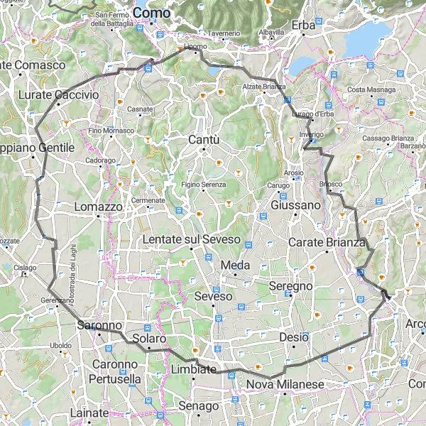 Mapa miniatúra "89 km Lesmo Road Cycling Route" cyklistická inšpirácia v Lombardia, Italy. Vygenerované cyklistickým plánovačom trás Tarmacs.app
