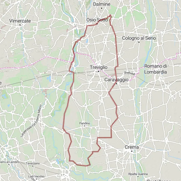 Map miniature of "Caravaggio and Brembate Gravel Adventure" cycling inspiration in Lombardia, Italy. Generated by Tarmacs.app cycling route planner