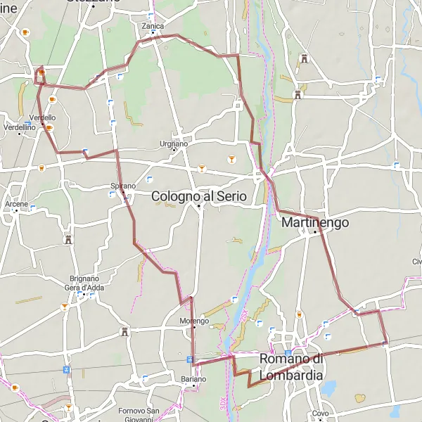 Kartminiatyr av "Grusväg genom Comun Nuovo och Romano di Lombardia" cykelinspiration i Lombardia, Italy. Genererad av Tarmacs.app cykelruttplanerare