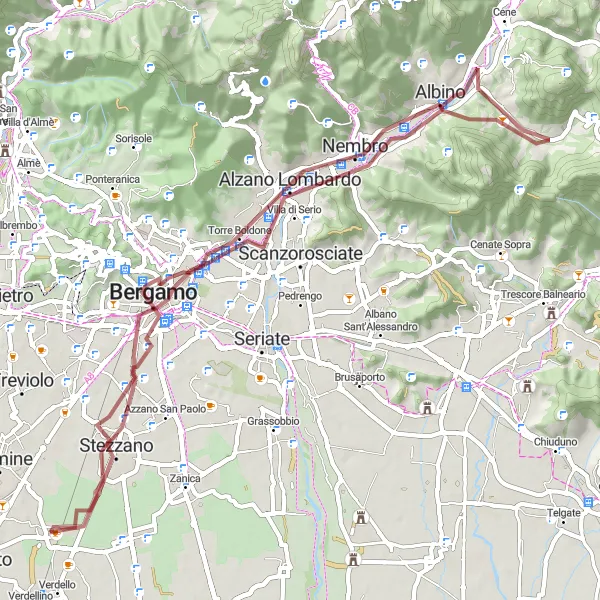 Map miniature of "Bergamo and Albino Gravel Escape" cycling inspiration in Lombardia, Italy. Generated by Tarmacs.app cycling route planner