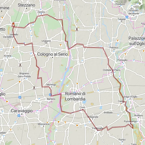 Miniaturní mapa "Gravel Route from Levate to Spirano" inspirace pro cyklisty v oblasti Lombardia, Italy. Vytvořeno pomocí plánovače tras Tarmacs.app