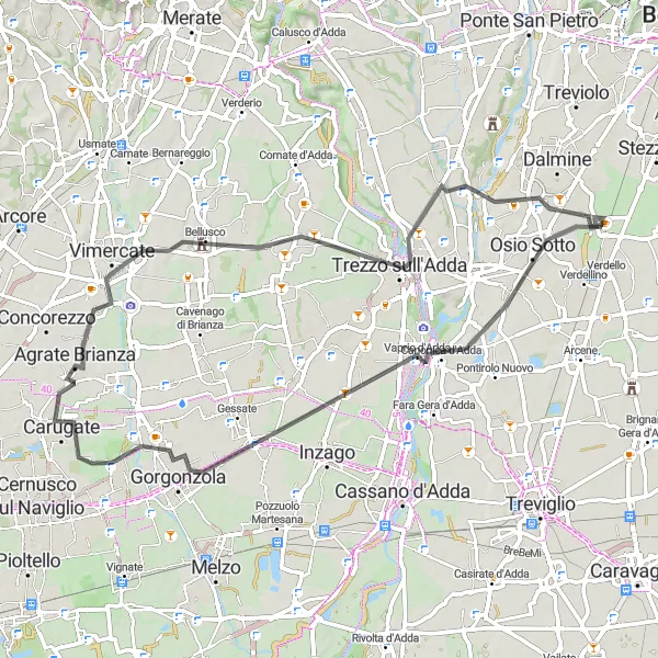 Miniatua del mapa de inspiración ciclista "Ruta Escénica por Gorgonzola y Osio Sopra" en Lombardia, Italy. Generado por Tarmacs.app planificador de rutas ciclistas
