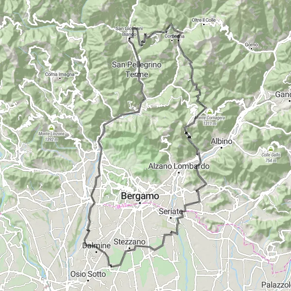 Zemljevid v pomanjšavi "Izzivalna pot do San Pellegrino Terme" kolesarske inspiracije v Lombardia, Italy. Generirano z načrtovalcem kolesarskih poti Tarmacs.app