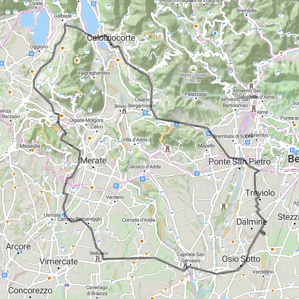 Kartminiatyr av "Trezzo sull'Adda - Sulbiate - Terrazza Belvedere - Olginate - Col Scarlasc - Mozzo" sykkelinspirasjon i Lombardia, Italy. Generert av Tarmacs.app sykkelrutoplanlegger