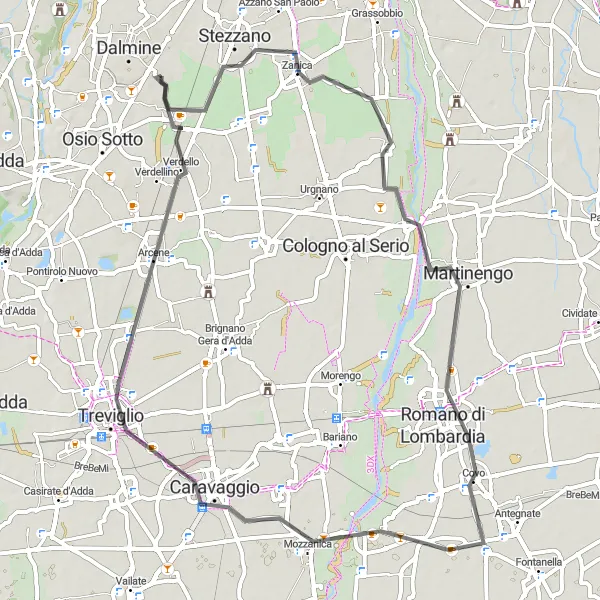 Miniatua del mapa de inspiración ciclista "Ruta de ciclismo de carretera desde Levate hasta Caravaggio" en Lombardia, Italy. Generado por Tarmacs.app planificador de rutas ciclistas