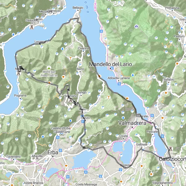 Kartminiatyr av "Utforsk Sormano og Nesso på sykkel" sykkelinspirasjon i Lombardia, Italy. Generert av Tarmacs.app sykkelrutoplanlegger