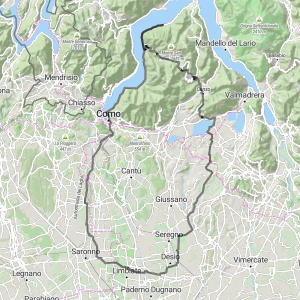 Miniatura della mappa di ispirazione al ciclismo "Tour in bicicletta panoramico da Lezzeno" nella regione di Lombardia, Italy. Generata da Tarmacs.app, pianificatore di rotte ciclistiche