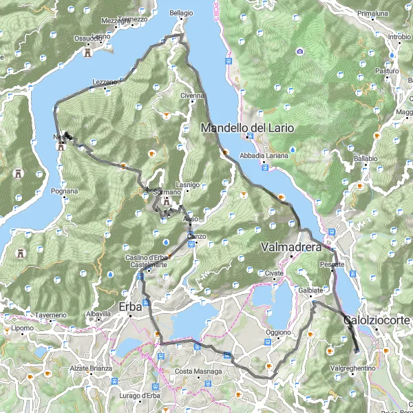 Kartminiatyr av "Challenging Road Cycling Route from Lezzeno" sykkelinspirasjon i Lombardia, Italy. Generert av Tarmacs.app sykkelrutoplanlegger