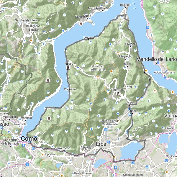 Miniatura della mappa di ispirazione al ciclismo "Giro in bicicletta da Lezzeno a Lombardia" nella regione di Lombardia, Italy. Generata da Tarmacs.app, pianificatore di rotte ciclistiche