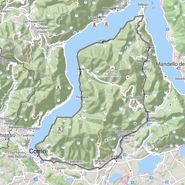 Kartminiatyr av "Civenna til Orrido di Nesso via Monte Spinei og Sasso Calvarone" sykkelinspirasjon i Lombardia, Italy. Generert av Tarmacs.app sykkelrutoplanlegger