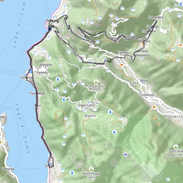 Zemljevid v pomanjšavi "Izjemna cestna kolesarska pot do Lierna" kolesarske inspiracije v Lombardia, Italy. Generirano z načrtovalcem kolesarskih poti Tarmacs.app