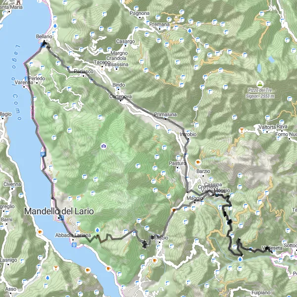 Miniature de la carte de l'inspiration cycliste "Parcours des Cascades de Lierna" dans la Lombardia, Italy. Générée par le planificateur d'itinéraire cycliste Tarmacs.app