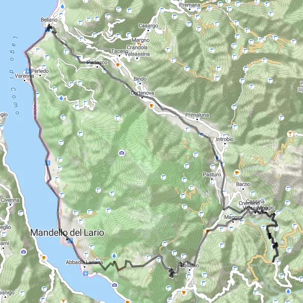 Map miniature of "Lierna and Surrounding Hills" cycling inspiration in Lombardia, Italy. Generated by Tarmacs.app cycling route planner