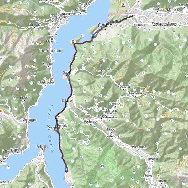 Miniatua del mapa de inspiración ciclista "Aventura en la costa desde Lierna" en Lombardia, Italy. Generado por Tarmacs.app planificador de rutas ciclistas