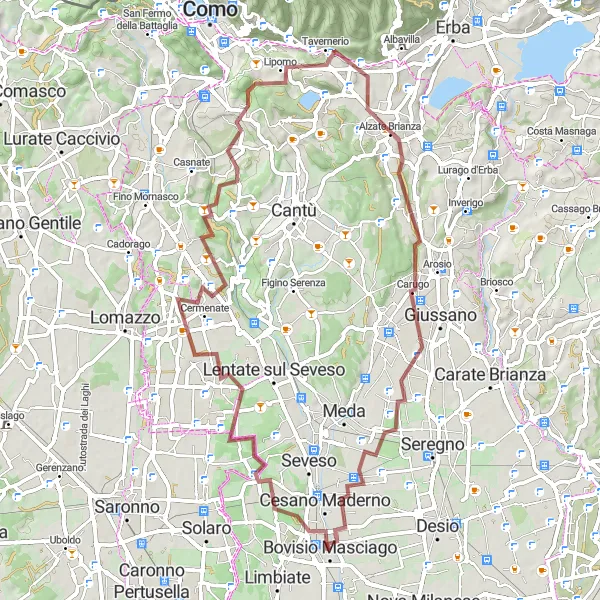 Miniatuurkaart van de fietsinspiratie "Gravel wegen door Lazzate en Cesano Maderno" in Lombardia, Italy. Gemaakt door de Tarmacs.app fietsrouteplanner