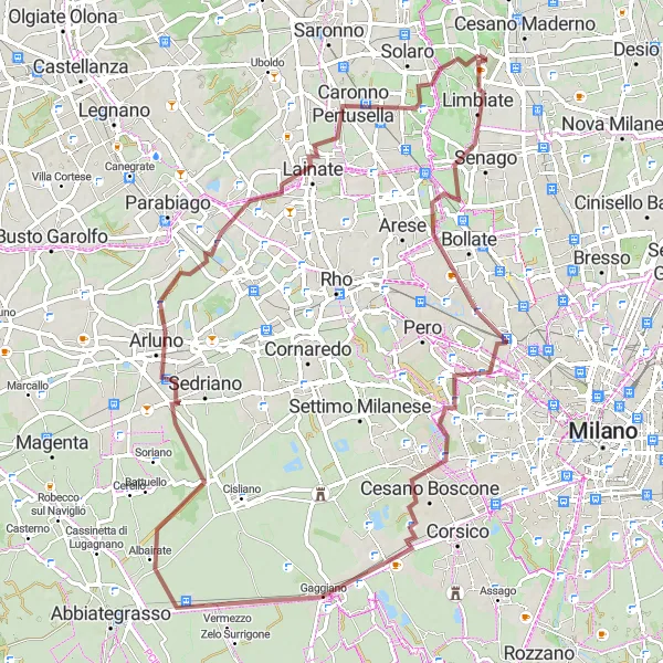 Miniatura della mappa di ispirazione al ciclismo "Giro Gravel da Limbiate ad Arluno" nella regione di Lombardia, Italy. Generata da Tarmacs.app, pianificatore di rotte ciclistiche