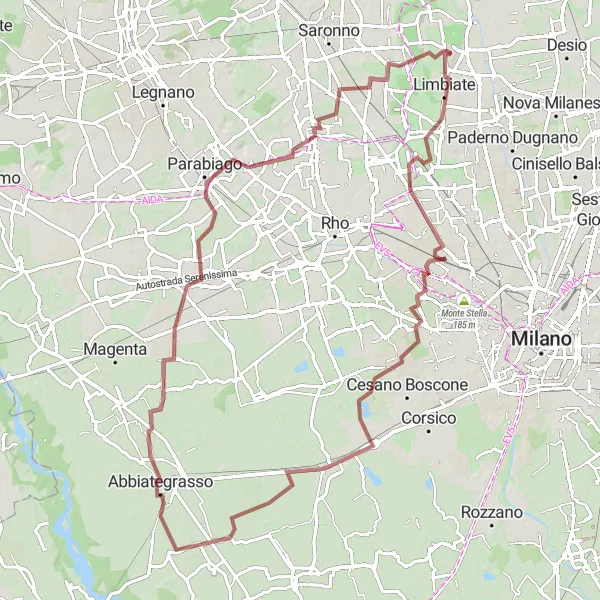 Miniature de la carte de l'inspiration cycliste "Parcours de 93 km de gravel autour de Limbiate" dans la Lombardia, Italy. Générée par le planificateur d'itinéraire cycliste Tarmacs.app