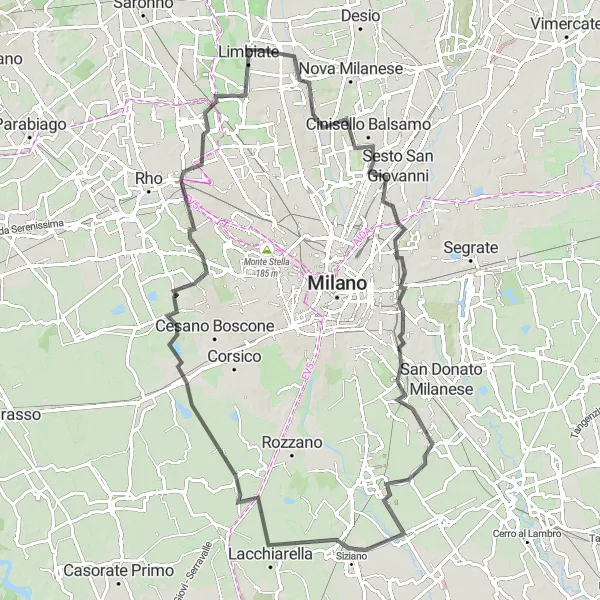 Mapa miniatúra "Road Varedo - Arese loop" cyklistická inšpirácia v Lombardia, Italy. Vygenerované cyklistickým plánovačom trás Tarmacs.app