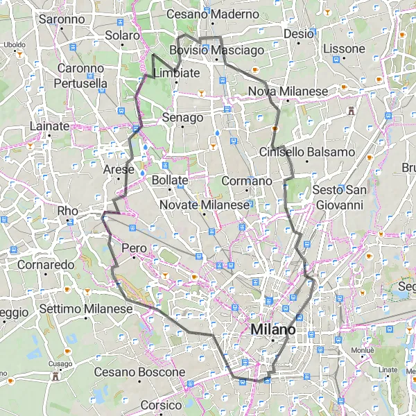 Zemljevid v pomanjšavi "Ulična kolesarska pot skozi Limbiate" kolesarske inspiracije v Lombardia, Italy. Generirano z načrtovalcem kolesarskih poti Tarmacs.app