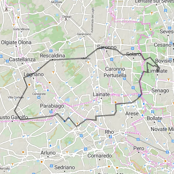 Kartminiatyr av "Kortare vägcykelväg runt Limbiate" cykelinspiration i Lombardia, Italy. Genererad av Tarmacs.app cykelruttplanerare