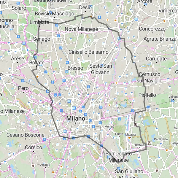 Mapa miniatúra "Trasa cez Monzu, Peschiera Borromeo a Cappella Portinari" cyklistická inšpirácia v Lombardia, Italy. Vygenerované cyklistickým plánovačom trás Tarmacs.app