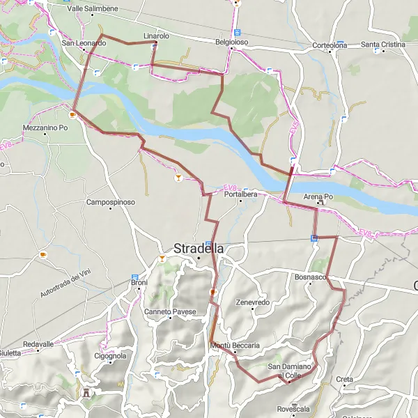 Kartminiatyr av "Grusvei til San Damiano al Colle og Poggio fra Linarolo" sykkelinspirasjon i Lombardia, Italy. Generert av Tarmacs.app sykkelrutoplanlegger