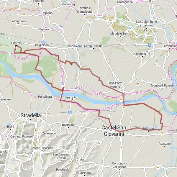 Miniatura mapy "Trasa gravelowa z Linarolo przez Costa de' Nobili, Sarmato i Castel San Giovanni" - trasy rowerowej w Lombardia, Italy. Wygenerowane przez planer tras rowerowych Tarmacs.app