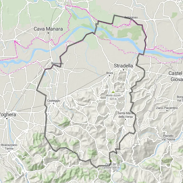 Kartminiatyr av "Vägcykling till Fortunago och Monte Pernione" cykelinspiration i Lombardia, Italy. Genererad av Tarmacs.app cykelruttplanerare