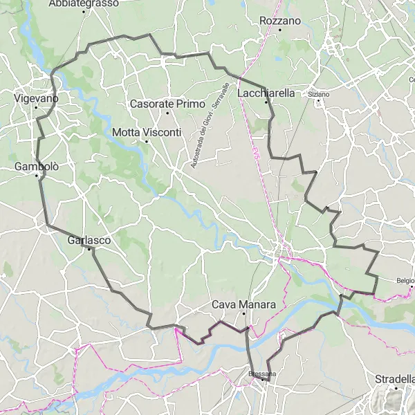 Miniaturní mapa "Silniční cyklistická trasa okolo Linarola" inspirace pro cyklisty v oblasti Lombardia, Italy. Vytvořeno pomocí plánovače tras Tarmacs.app