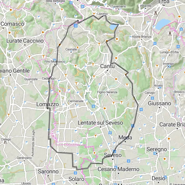 Zemljevid v pomanjšavi "Krožna cestna pot - Cantù" kolesarske inspiracije v Lombardia, Italy. Generirano z načrtovalcem kolesarskih poti Tarmacs.app