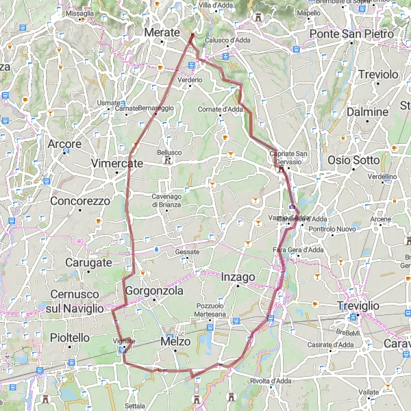 Map miniature of "Challenging Gravel Loop: Liscate Adventure" cycling inspiration in Lombardia, Italy. Generated by Tarmacs.app cycling route planner