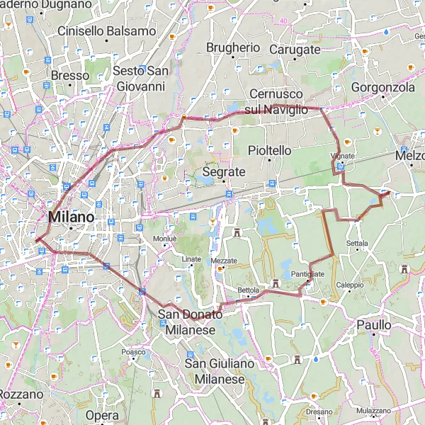 Map miniature of "Gravel Adventure: Liscate Loop" cycling inspiration in Lombardia, Italy. Generated by Tarmacs.app cycling route planner