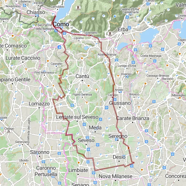 Map miniature of "Adventure gravel ride to Monte della Croce" cycling inspiration in Lombardia, Italy. Generated by Tarmacs.app cycling route planner