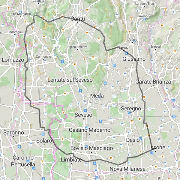 Kartminiatyr av "Upplev Limbiate, Cantù och Carugo på denna 60 km långa cykeltur" cykelinspiration i Lombardia, Italy. Genererad av Tarmacs.app cykelruttplanerare