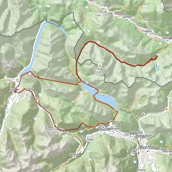 Kartminiatyr av "Spännande grusväg till Foscagno Pass från Livigno" cykelinspiration i Lombardia, Italy. Genererad av Tarmacs.app cykelruttplanerare