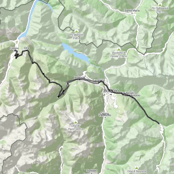 Kartminiatyr av "Fantastisk landsvägsrutt från Livigno till Passo Eira" cykelinspiration i Lombardia, Italy. Genererad av Tarmacs.app cykelruttplanerare