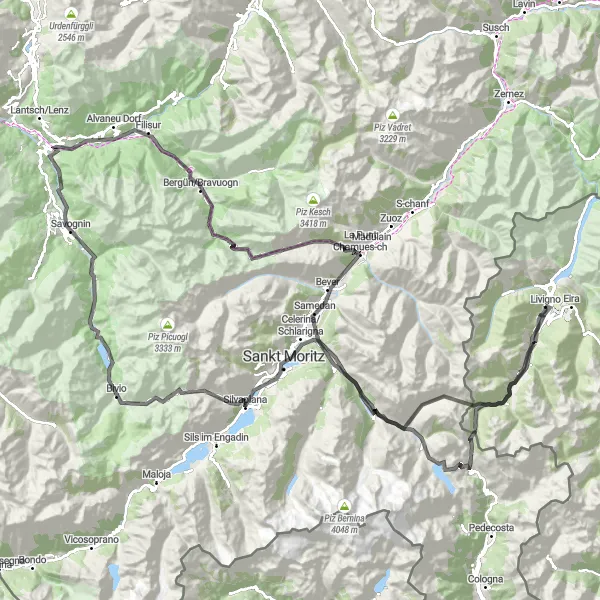 Map miniature of "Scenic Road Journey: Bernina Pass" cycling inspiration in Lombardia, Italy. Generated by Tarmacs.app cycling route planner