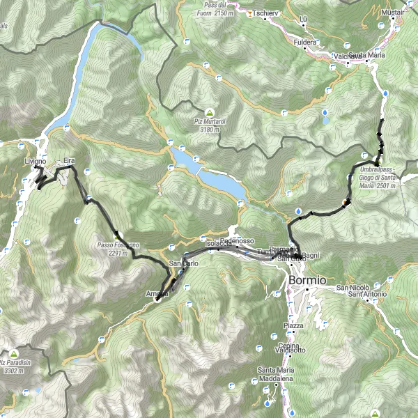 Miniature de la carte de l'inspiration cycliste "Challenge des Cols autour de Livigno" dans la Lombardia, Italy. Générée par le planificateur d'itinéraire cycliste Tarmacs.app