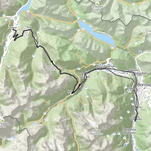 Miniaturní mapa "Cyklistická cesta skrz horské scenérie kolem Livigna" inspirace pro cyklisty v oblasti Lombardia, Italy. Vytvořeno pomocí plánovače tras Tarmacs.app