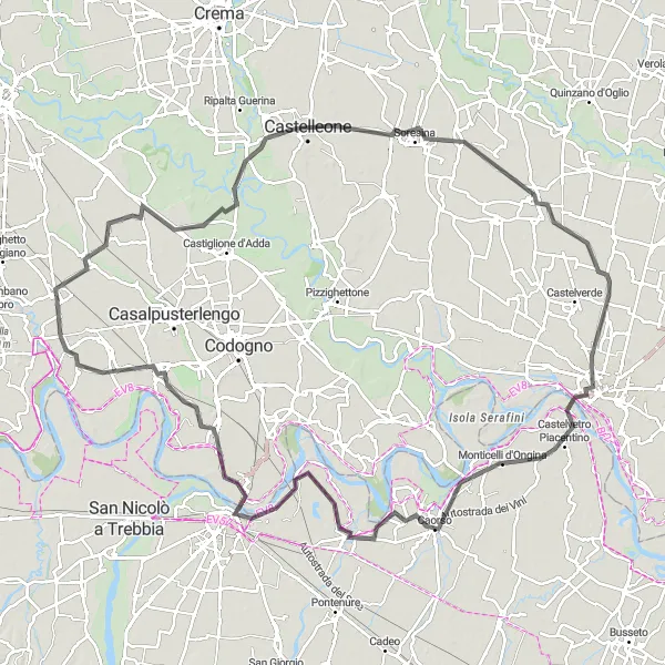 Mapa miniatúra "Trasa cez Brembio a Piacenza" cyklistická inšpirácia v Lombardia, Italy. Vygenerované cyklistickým plánovačom trás Tarmacs.app