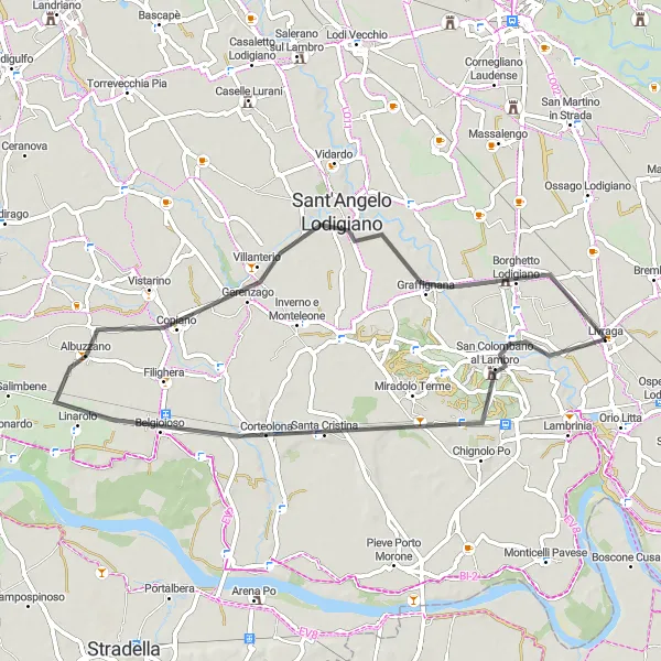 Map miniature of "Road Cycling Adventure around Livraga" cycling inspiration in Lombardia, Italy. Generated by Tarmacs.app cycling route planner